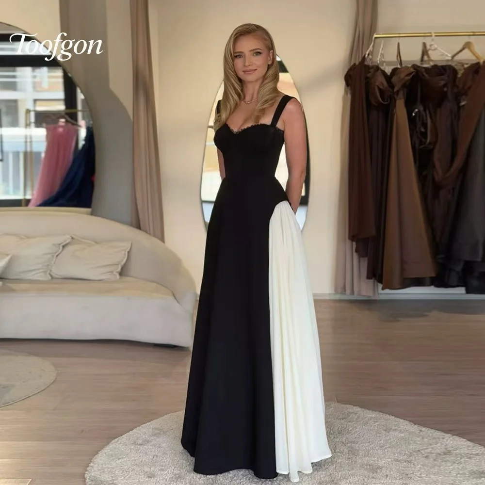 Toofgon أسود أبيض الرقص فساتين لحضور الحفلات الموسيقية الساتان مودل نمط السباغيتي الأشرطة Vestidos De Fiesta الطيات فستان الحفلات حسب الطلب