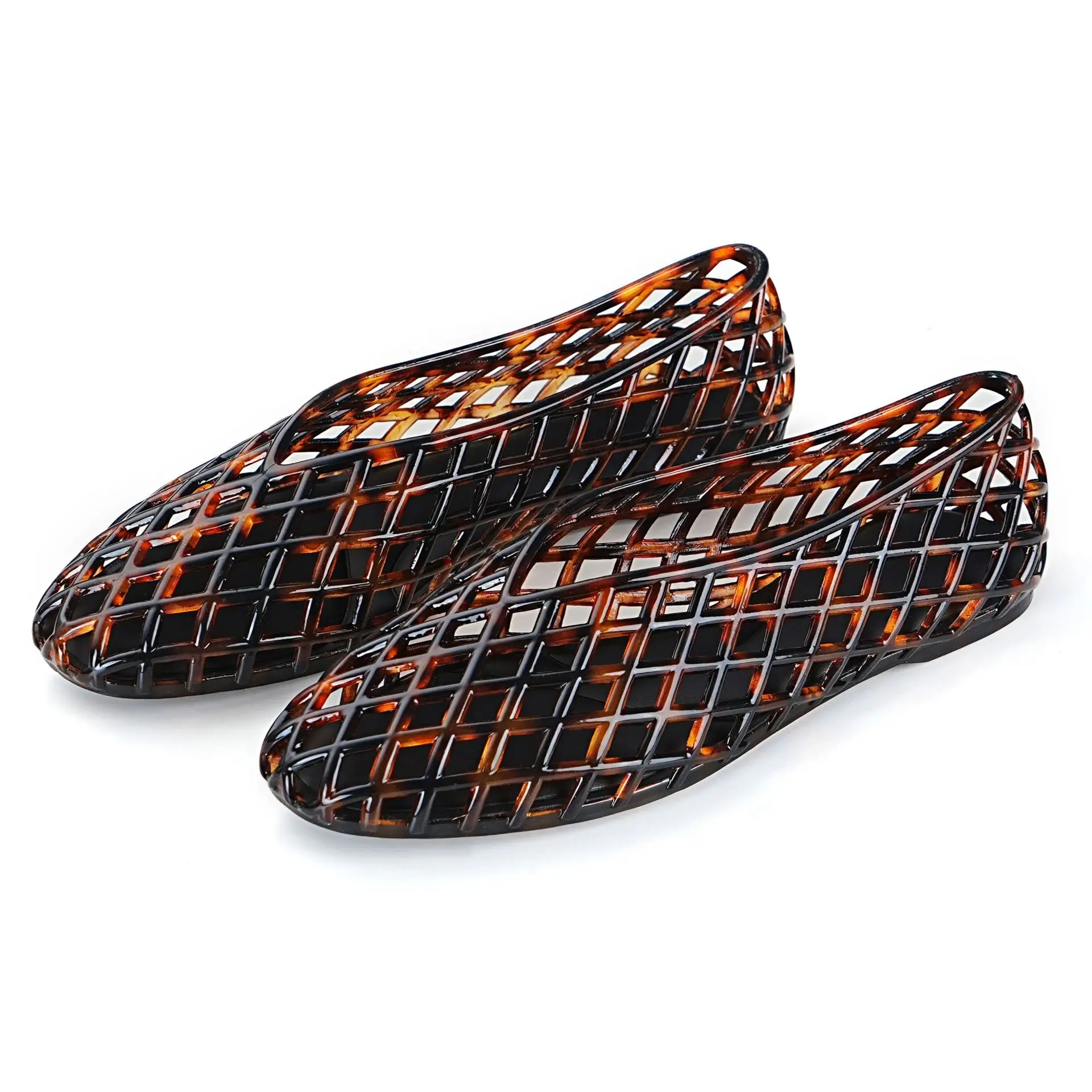 Sandalias de mujer con suela plana puntiaguda, suela de gel hueca, cómodas de pisar, zapatos de cristal con malla de pesca, sandalias perforadas.