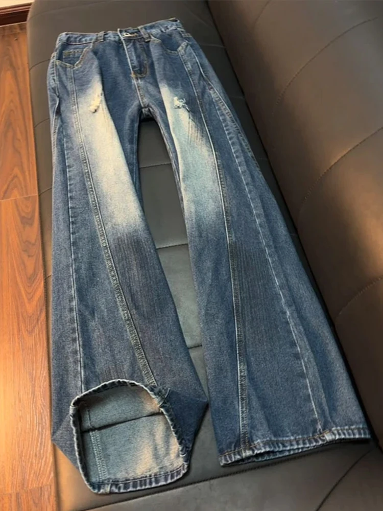 

Blue High Waist Straight Leg Men's Jeans Tear Hole American Sle Long Leg Effect Casual Faionable Durable Wear Resistant