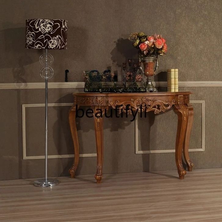 

American Style Solid Wood Entryway Table High-End Vintage Carved Villa Living Room Decorative Wall Table