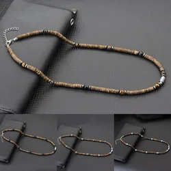 New Creative Men Natural Coconut Husk Necklace 20 Inches Stainless Steel Buckle Neck Accessories Gift For Him Wood Beads Collar