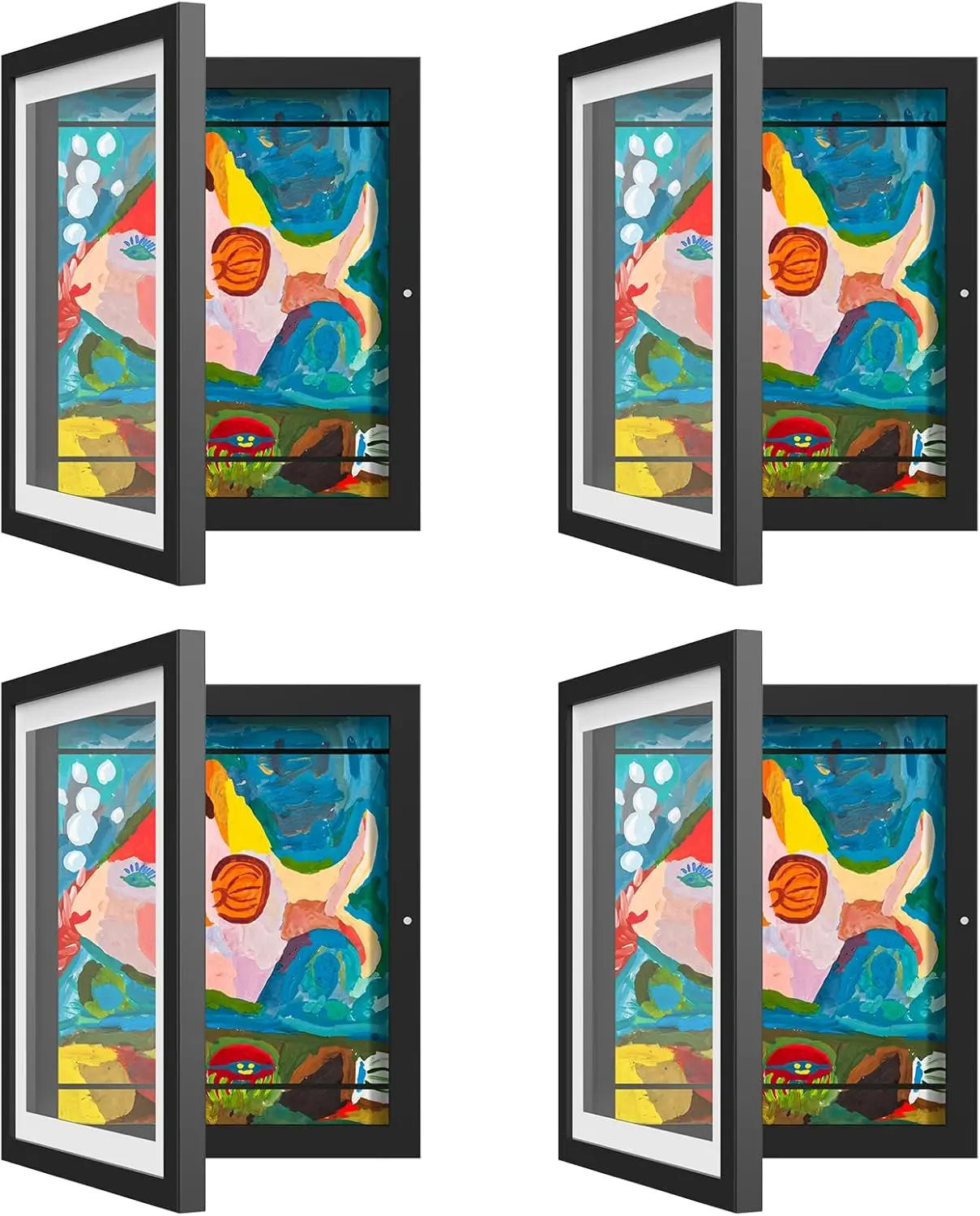 

Набор из 4 детских рамок для поделок, сменные, 8x10.5 и 9x12, с/без паспарту, черные, с фронтальным открытием, настенные, вмещают 50 поделок