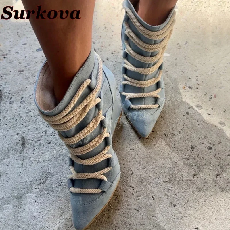 

Женские синие джинсовые короткие ботинки, вязаные ботинки на танкетке с острым носком на шнуровке, модные вечерние простые повседневные ботильоны большого размера, осень 46