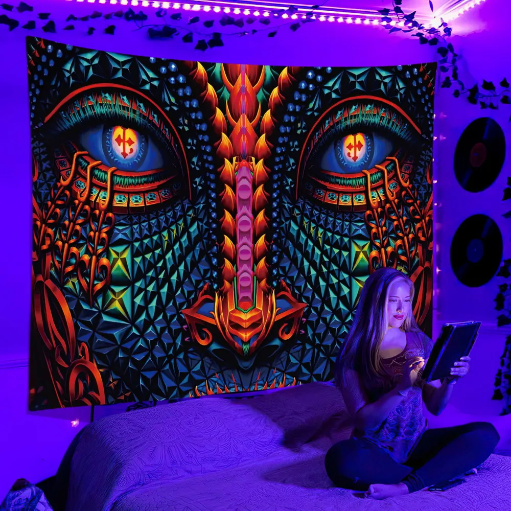 Black Light Hippie DJ Tapestry UV Reactive Psychedelic Ukiyo-e Whale Wall Hanging  for Bedroom Dorm Indie Room Decor