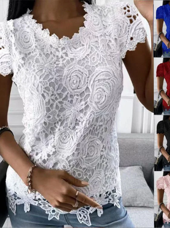 여성용 롱 슬리브 레이스 홀로우 아웃 라운드 넥 순색 유럽 스타일 슬림 핏 폴리에스터 섬유 캐주얼 패션 탑