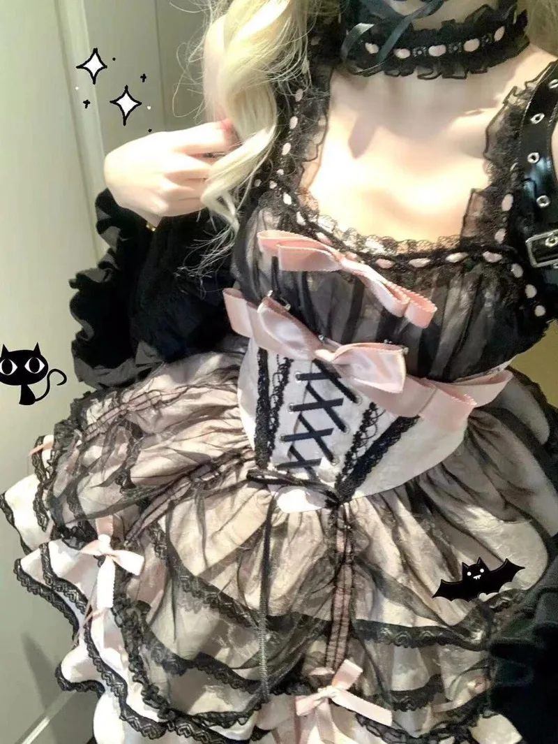 Damen Gothic Y2k Schleife Spitze Rüschen Abendparty Minikleider Japanische Süße Niedliche Lolita JSK Kleid Harajuku Kawaii Schwarze Kleider