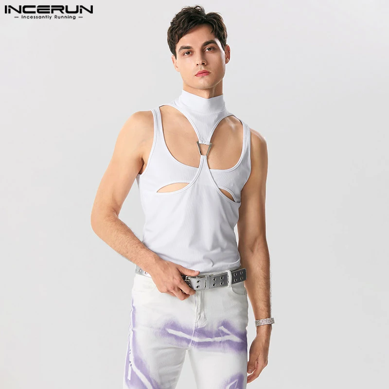 INCERUN Tops 2024 Handsome Men's Symmetrical Design Hollow Metal Buckle Waistcoat Casual Male Solid Half High Collar Vests S-5XL