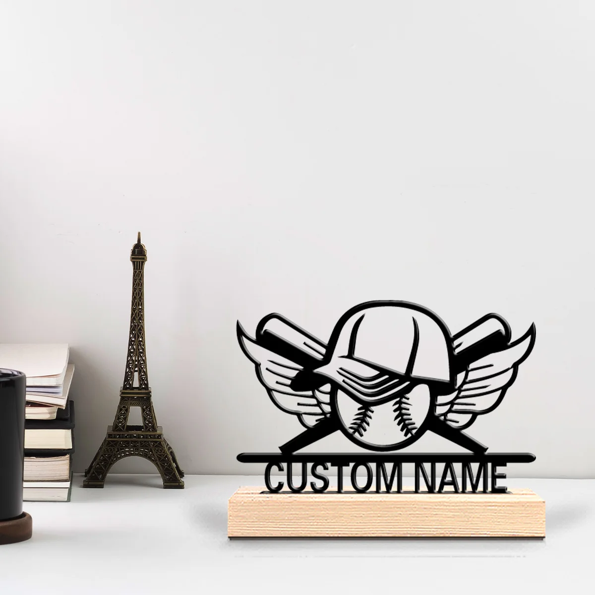 1pc Romantic Personalized Custom Winged Badge Metal Statues Wooden Base Bar Decor for Kitchen, Dining Room, Modern Rustic Themes