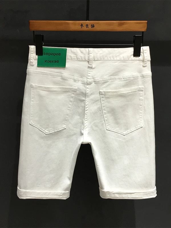 

Мужские летние тонкие джинсовые шорты-бермуды белого цвета, повседневные, с эффектом потертости, эластичные, модные, со средней посадкой, облегающие, молодежные