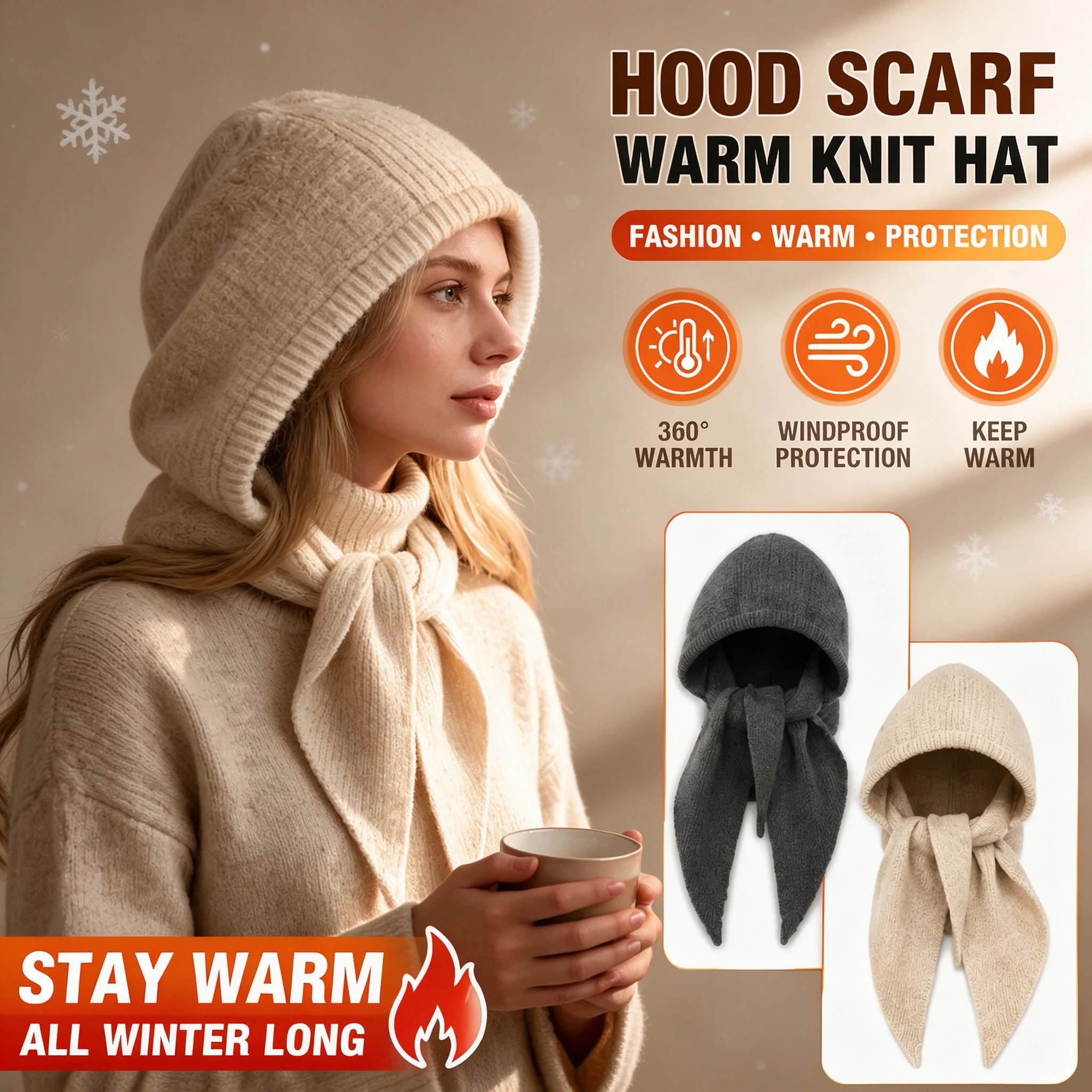 Fashion Forward Korean Hood Scarf Warm Knit Hat Winter Headwear Face Protection for Women Men Unisex Set Pack