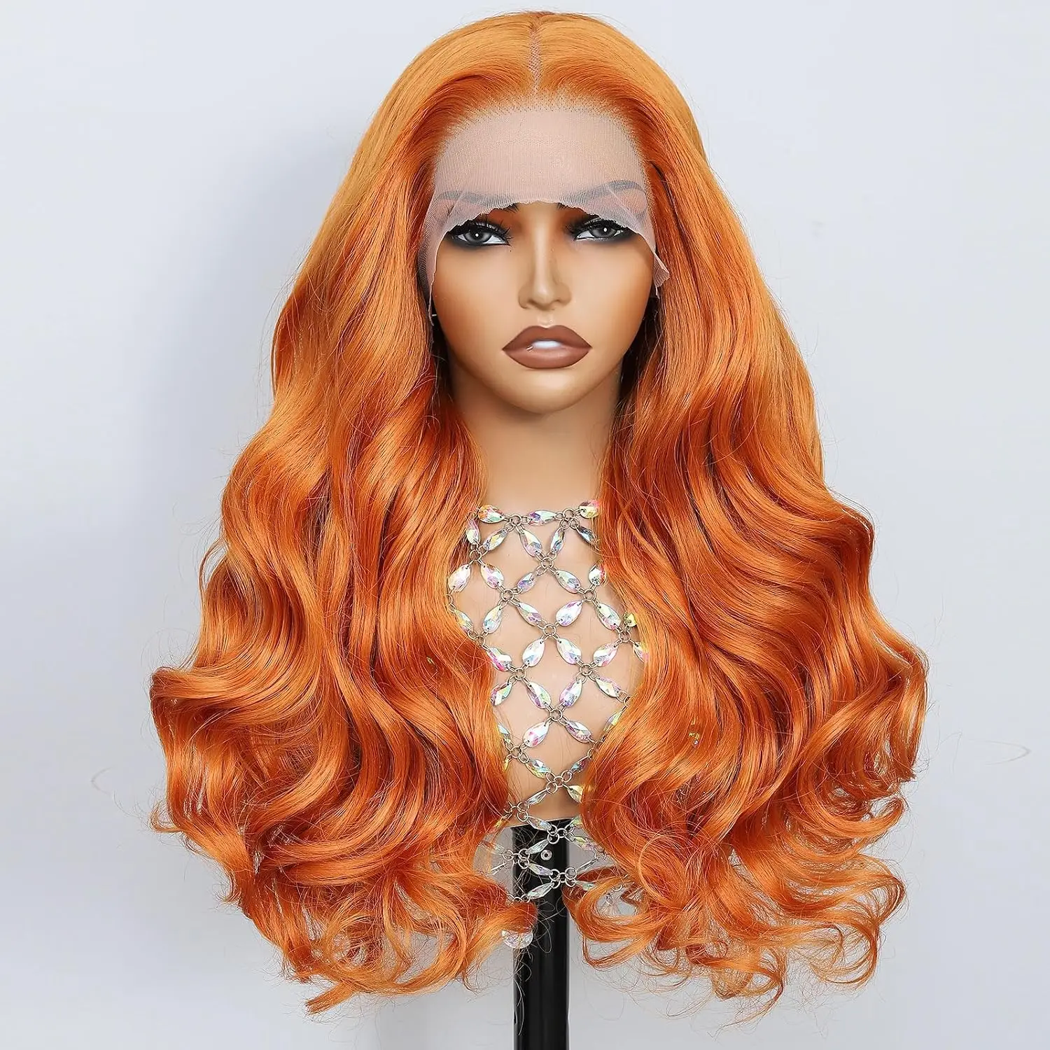 13x4x1 T-shaped lace front wig, 350# orange long wavy synthetic wig, HD transparent lace, pre-plucked hairline, heat-resistant fiber, designed specifically for women