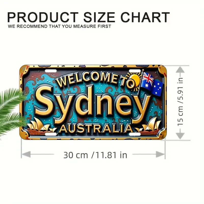 مسطح ثنائي الأبعاد، قطعة واحدة من لافتة الترخيص الأسترالية العتيقة - مرحبًا بكم في سيدني وأستراليا مع الشمس والمراكب الشراعية والنجمة #1