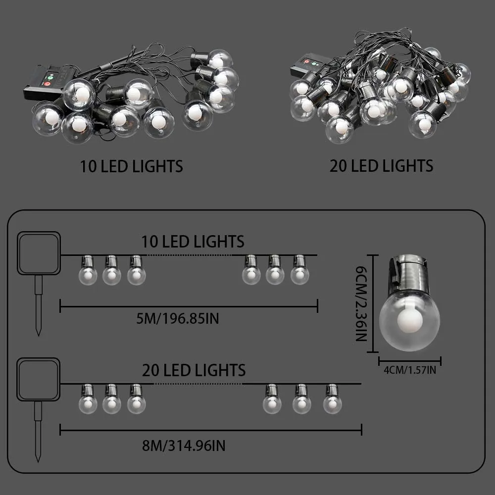 10/20LED Solar Vintage G40 Bulb Outdoor String Lights, LED Waterproof Patio Lights, for Camping Wedding Party Garden Decor