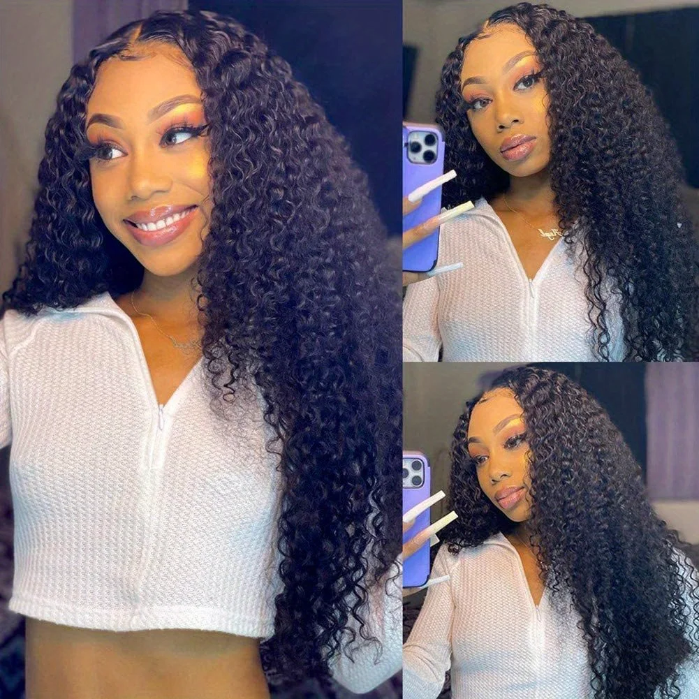 200% Density Curly Wave Human Hair Wig Natural Black 26inch Middle Part Wig Deep Wave Natural Looking Hair for Daily Party Use for Black Women