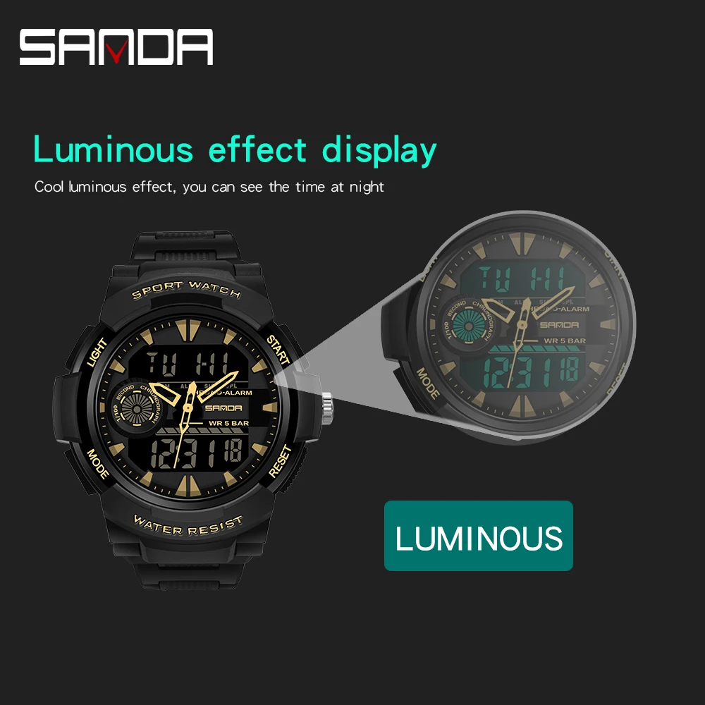 SANDA 6002 Luxury Dual Display orologi da uomo Fashion Digital Luminous 5BAR orologio da uomo sportivo al quarzo impermeabile Relogio Masculino