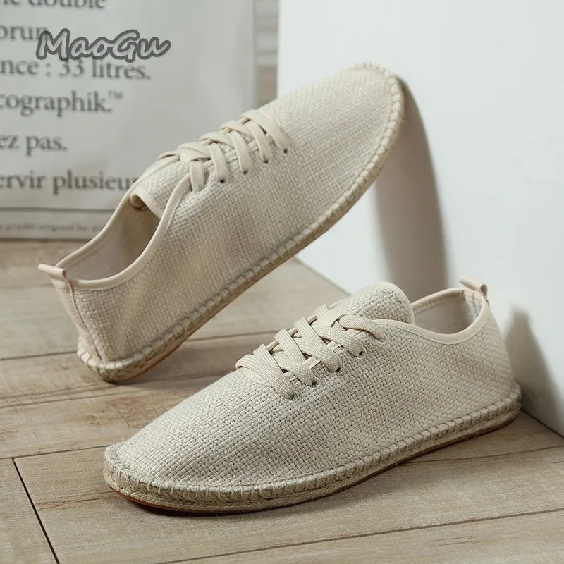 Linen Canvas Espadrille Sneakers Men's Lace Up Round Toe Flats Lightweight Driving Outdoor Comfy Walking Fisherman Casual Shoes