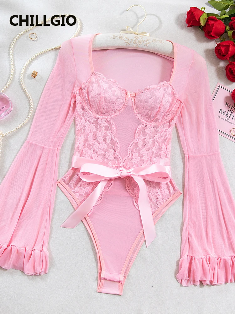 CHILLGIO Women Sexy Floral Lace Mesh Rompers Lingerie Bodycon Slim Fashion Push Up  Square Collar Long Sleeves Ruffled Bodysuits
