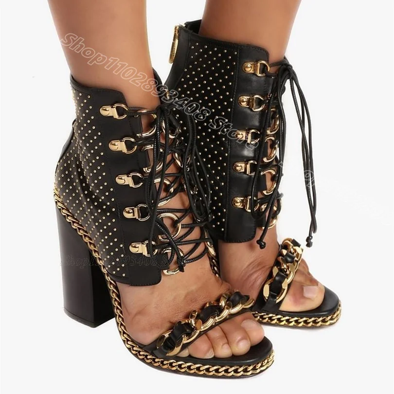 Rivet Chain Decor Lace up Sandal Boots Back Zipper Open Toe British Style Fashion Party Women Shoes 2024 Zapatos Para Mujere