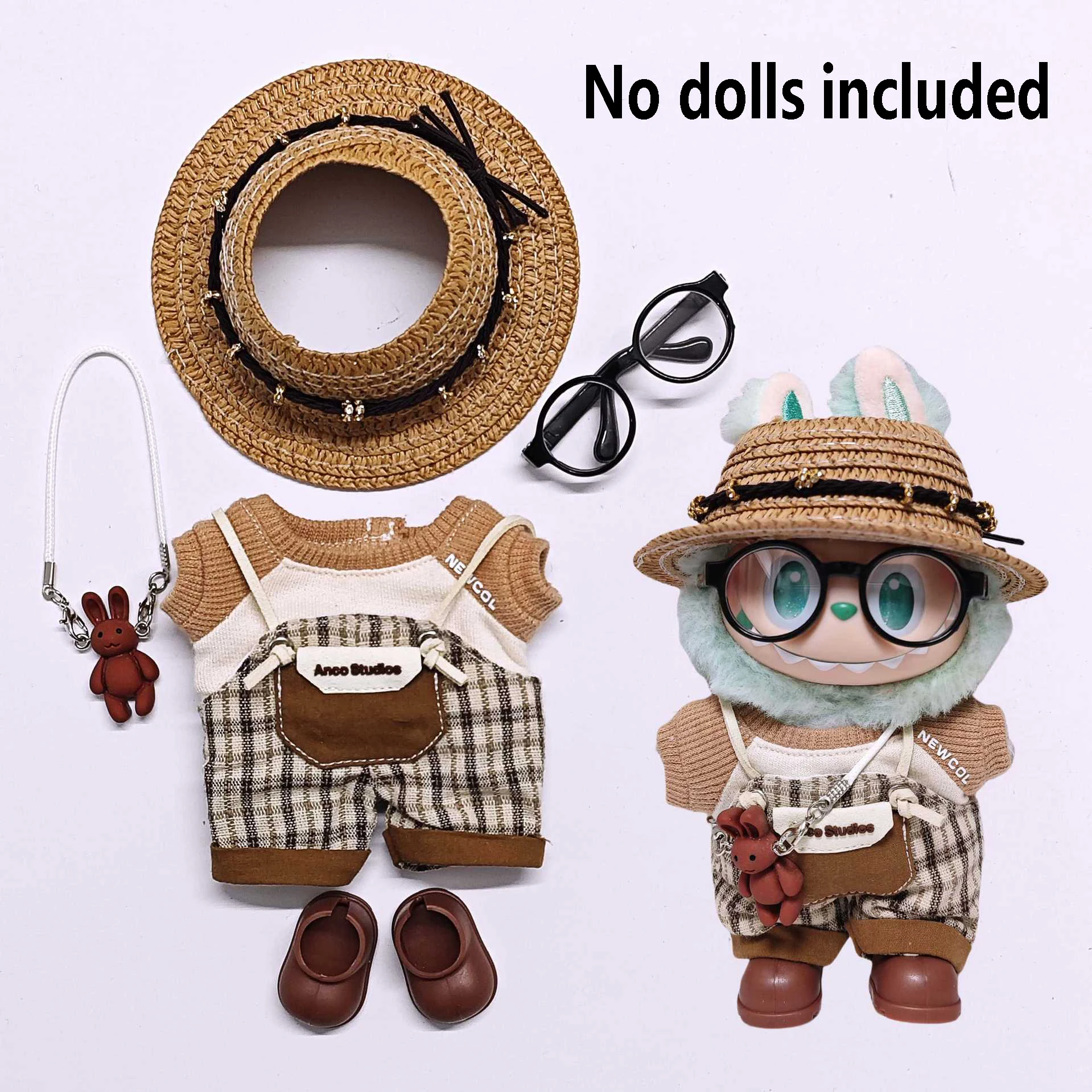 ل Labubu عالية الجودة ملابس دمى 15 سنتيمتر-17 سنتيمتر البني تي شيرت متقلب وزرة مجموعة Labubu الملابس العالمية