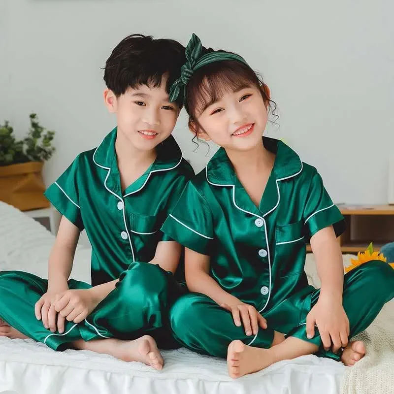 

Silk Pajamas for Kids Satin Pajamas Girls Pyjama Summer Toddler Boy Pijama Set Green Sleepwear Teenager Pyjamas 10 11 12 13 14 Y