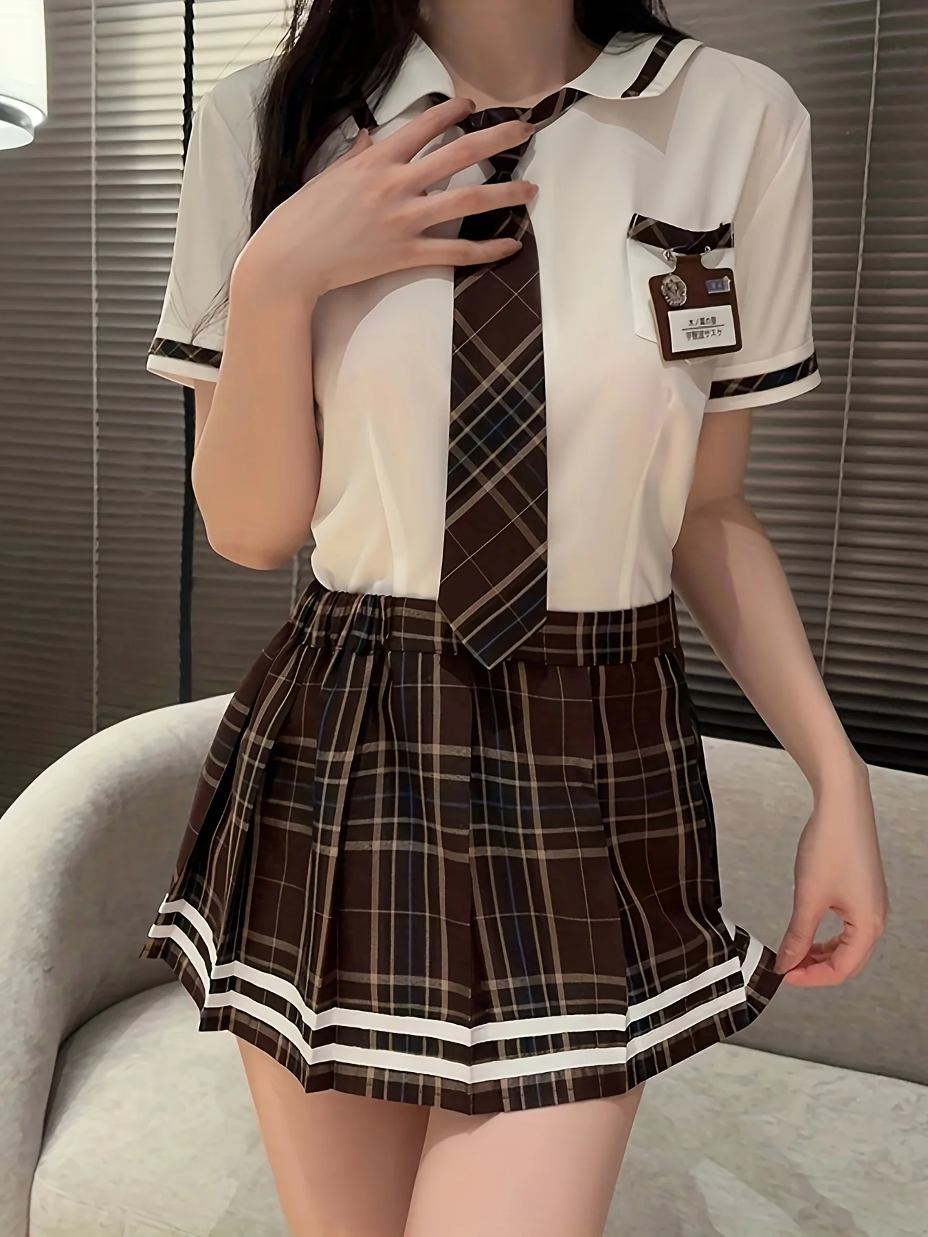 مثير منقوشة طباعة Preppy موحدة تأثيري حلي المرأة الملابس الداخلية شقي مخطط الأعلى وتنورة الملابس الداخلية