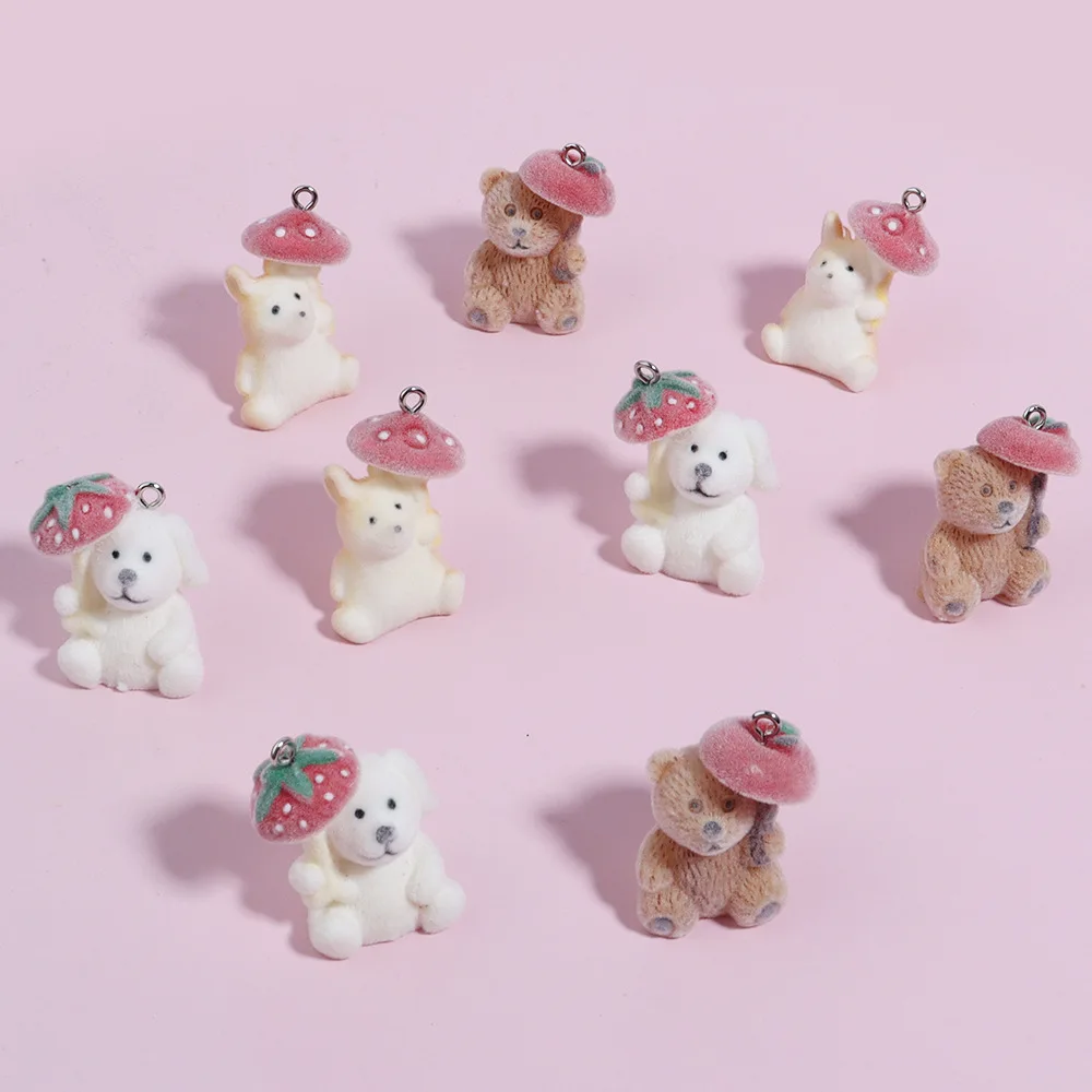 10 Pcs Resin Flocking Plush Little Bear Puppy Pendants for Bags Charms Accessories Keychains DIY  Trinkets Originality Gift