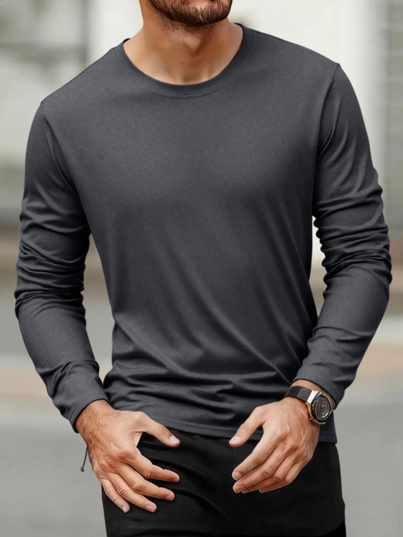 Frühling Herbst männer T-shirts Langarm Casual Tops Einfarbig Hohe Qualität Schwarz T-Shirt Klassische Männer Kleidung – Detail 5