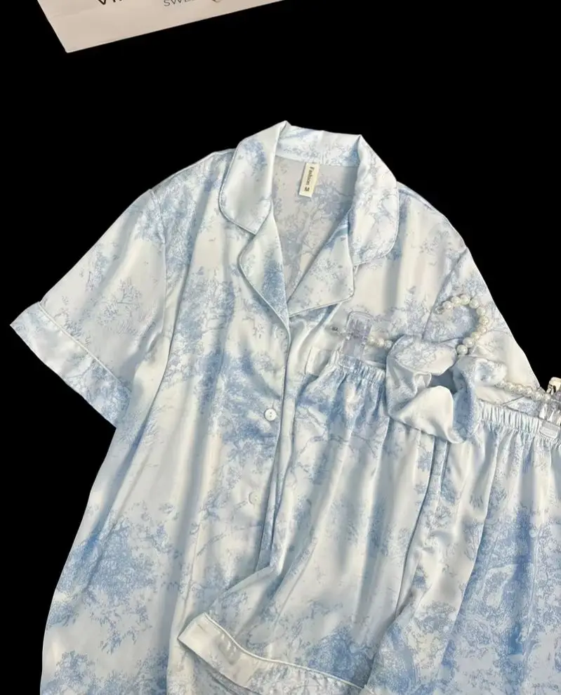 Faux Satin Nightwear 2 Pieces Pyjamas Korean Fashion Sleepwear Casual Pajama Set with Shorts Soft Smooth Ink Painting Outfits