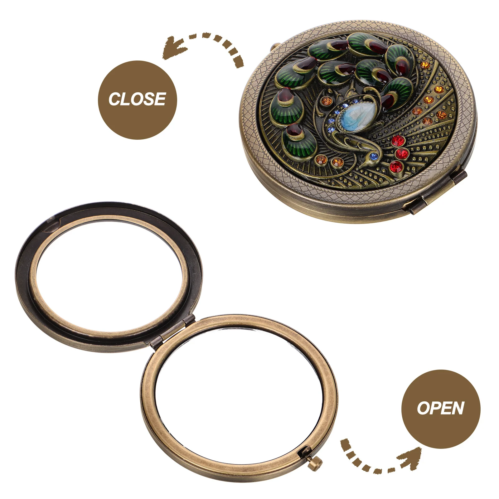 مرآة مكياج معدنية صغيرة محمولة على شكل طاووس عتيقة قابلة للطي وقابلة للطي للنساء أثناء السفر يوميًا