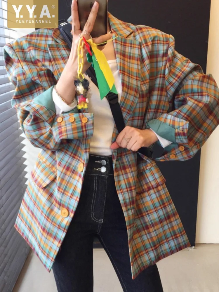 

Vintage Loose Fit Women Plaid Suit Jacket Long Sleeve Spring Autumn Outerwear Single Breasted Office Lady Work Harajuku Blazers