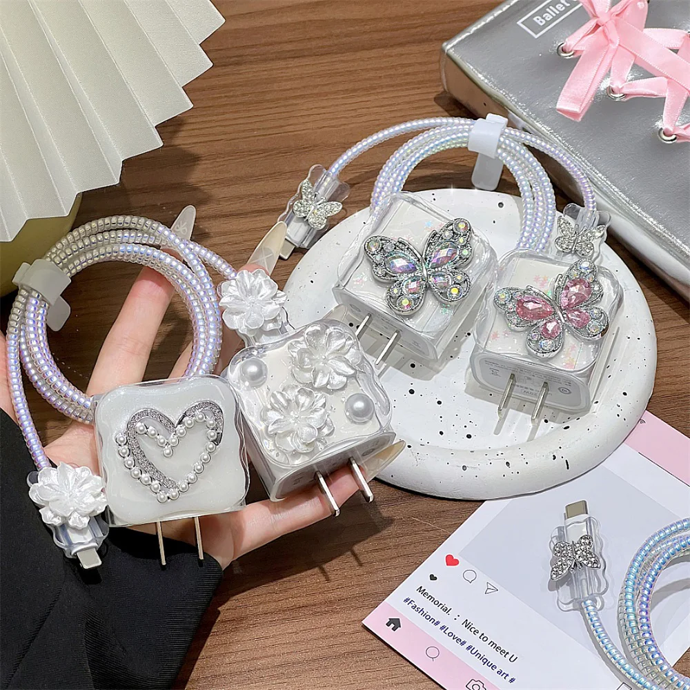 3D Butterfly Clear Charger Protector Case For iPhone 18W 20W Charging Data Cable Protector Organizer Winder Cover Accessories