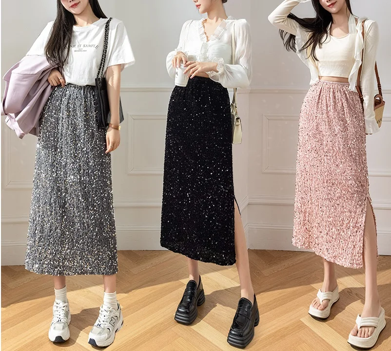 2024 Spring and Autumn New Light Luxury Sequin Split Skirt Women's Small, Medium Length Loose Straight Skirt