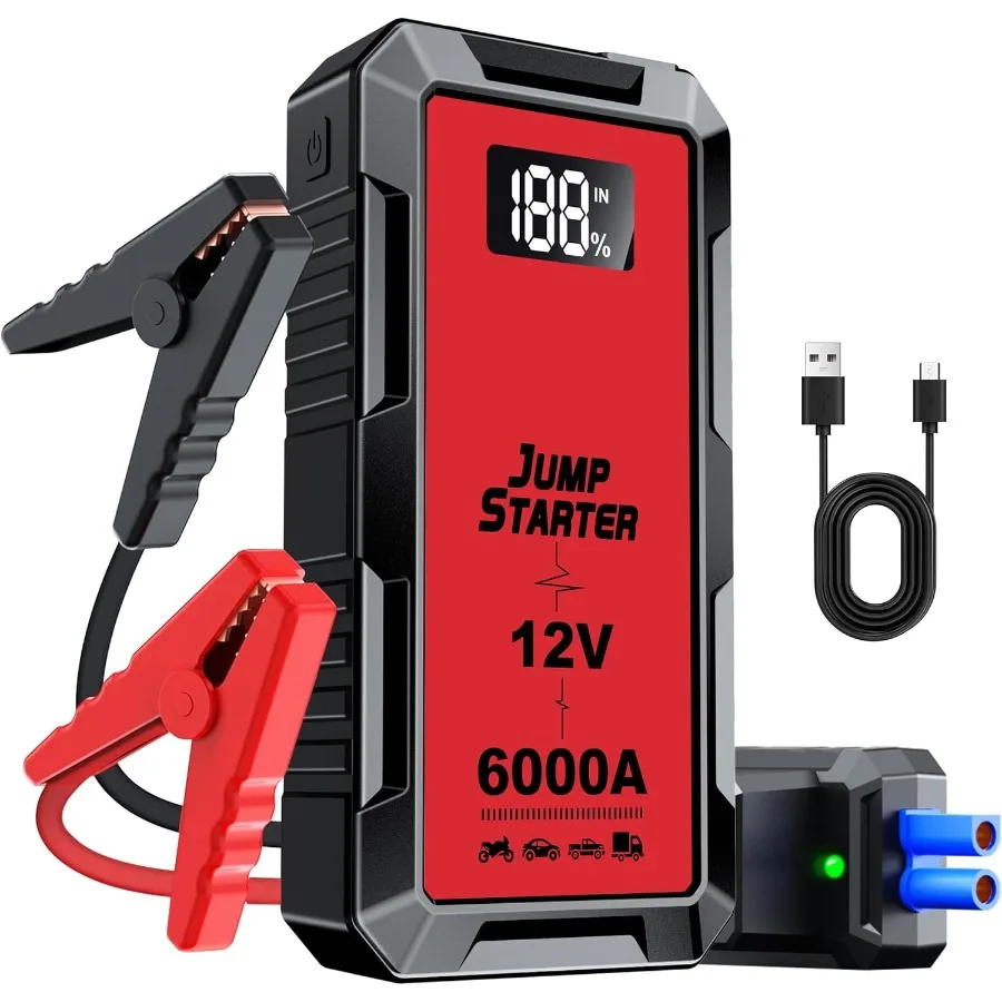 Portable 6000A 12V Car Jump Starter Battery Pack with Jumper Cables for All Gas and Up to 10.0L Diesel Engines Includes USB Out