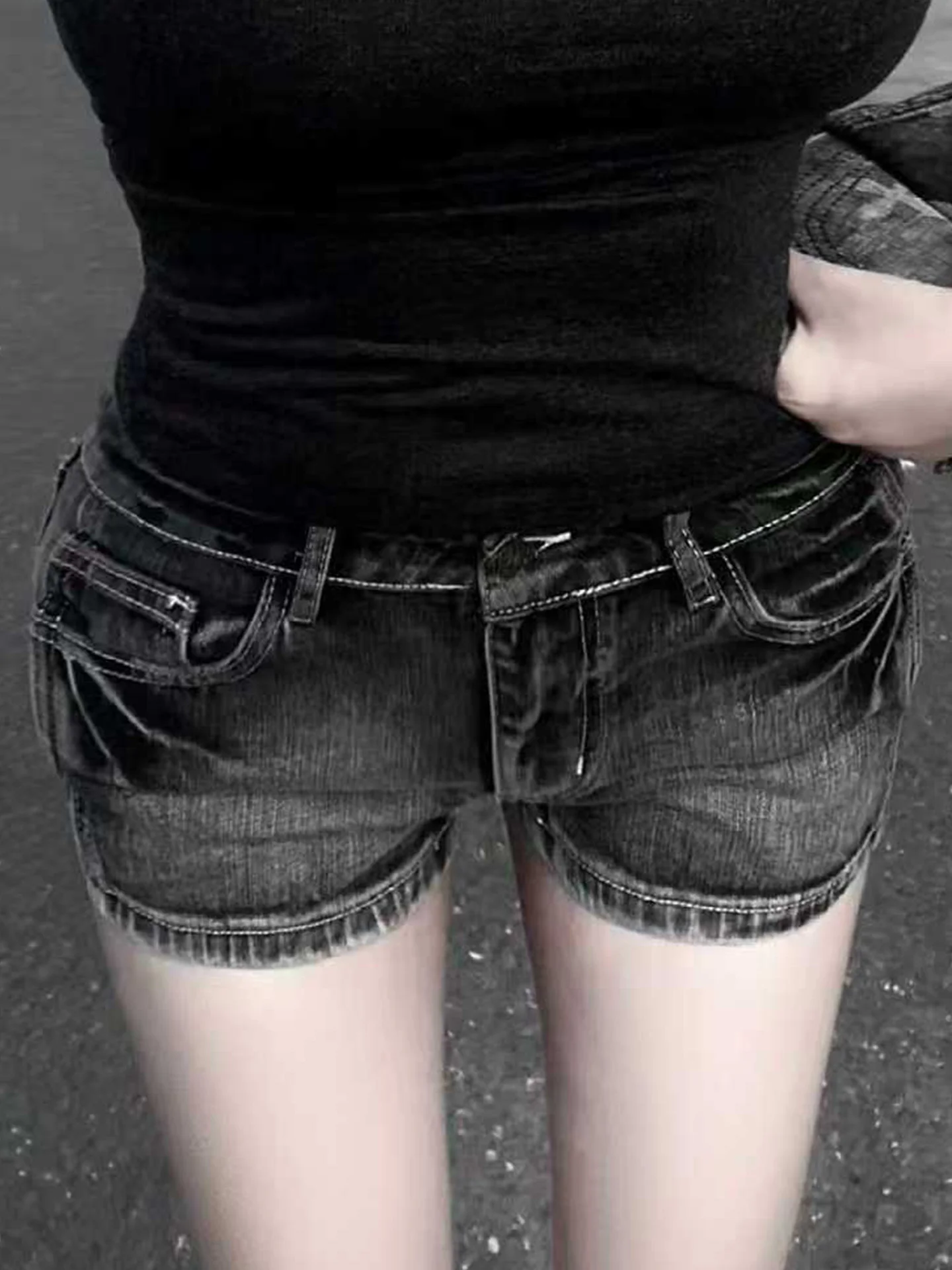 

Low Waist Retro Black Grey Denim Shorts Women's American High Street Spicy Girl Versatile Hot Pants Heightening Slim Straight...