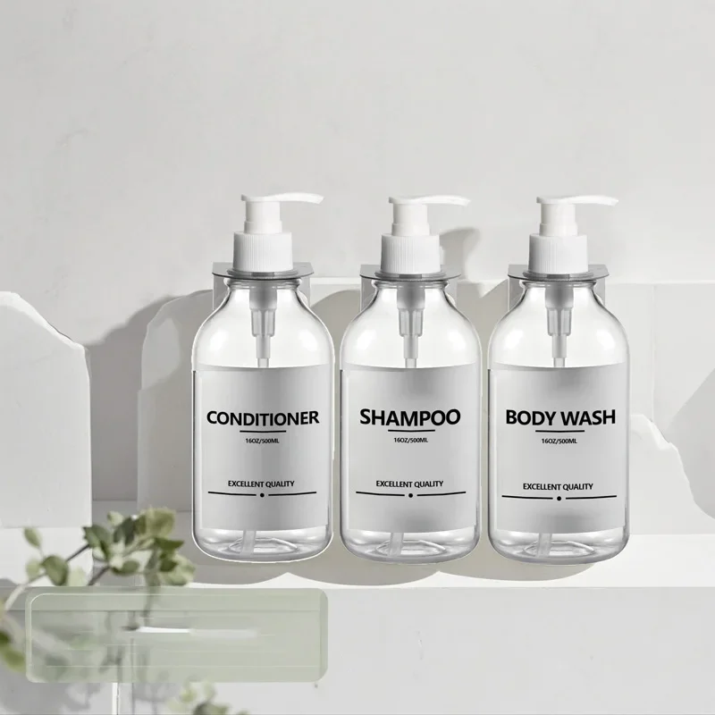 シャンプーとコンディショナーのボトルディスペンサーセット,壁掛けブラケット,液体容器,竹,シリコントレイ,キッチンアクセサリー,500ml