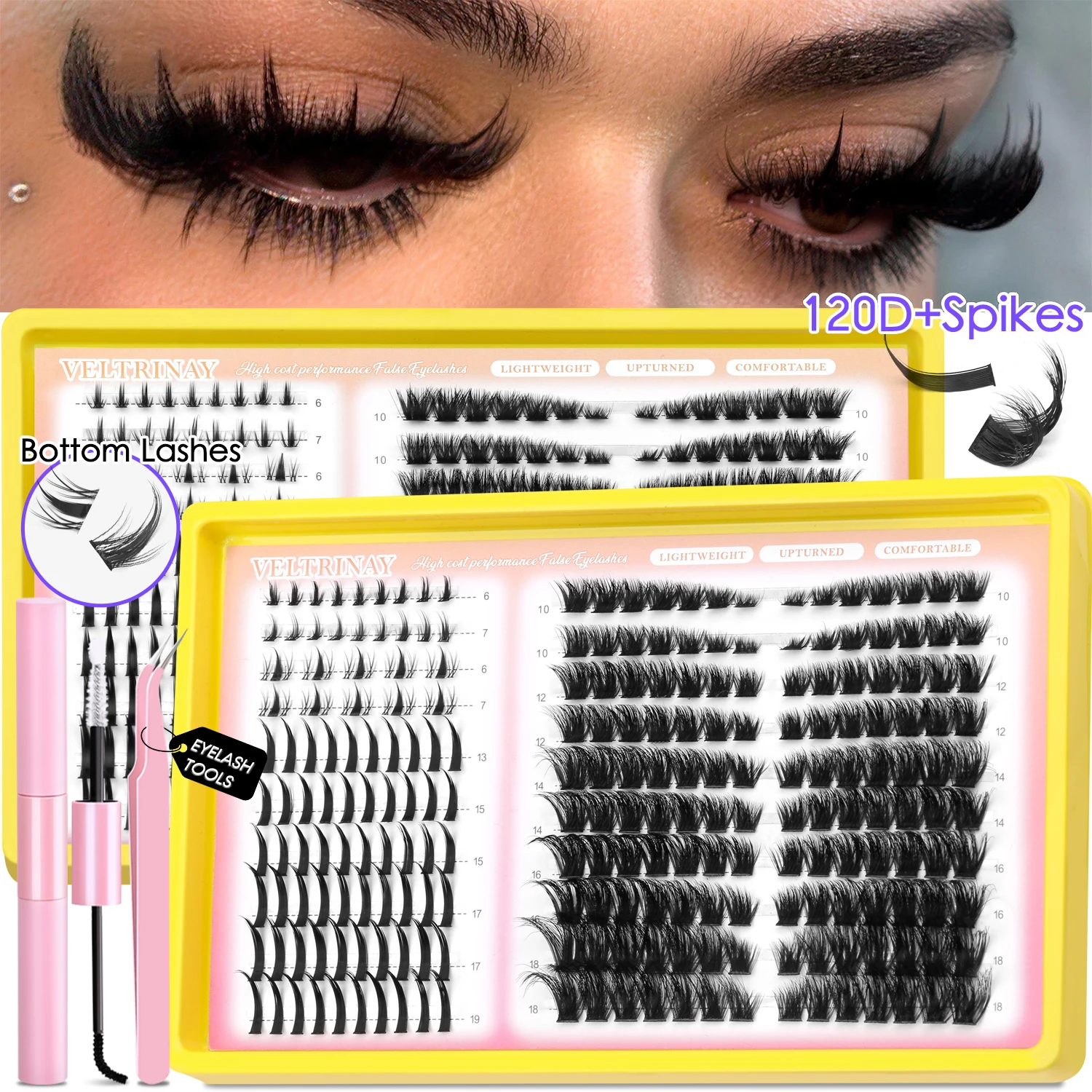VELTRINAY Wimpern-Cluster-Set: Spikes Cat Eye Wimpern, gemischte Cluster-Wimpern mit Wimpernkleber und Versiegelung, DIY Wimpernverlängerungs-Kit
