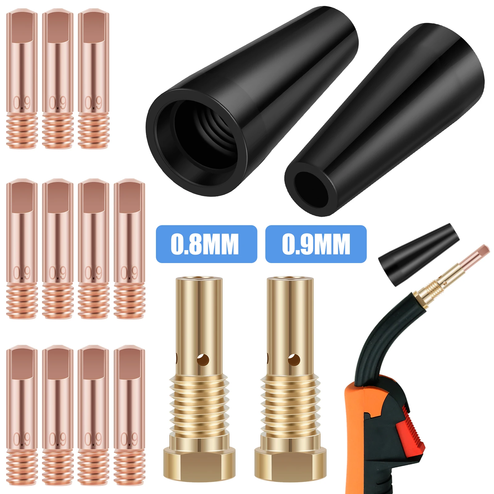 15Pcs MIG Welding Kit Flux Core ugello senza gas 0.8/0.9mm punte per saldatura in ottone sostituzione accessori per saldatore MIG