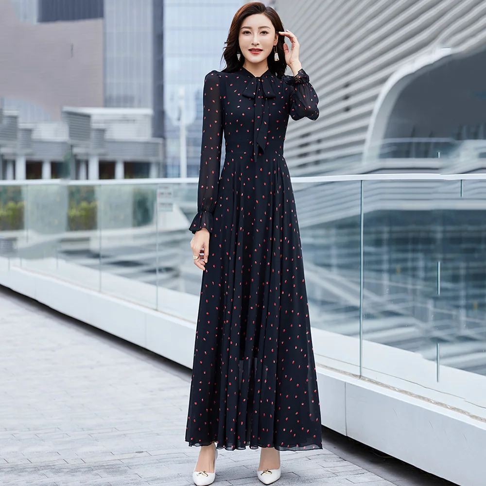 

New Women Spring Autumn Strawberry Print Dress Fashion Lace-up Bow Collar Long Sleeve Slim Dress Elegant Bohemia Holiday Dress