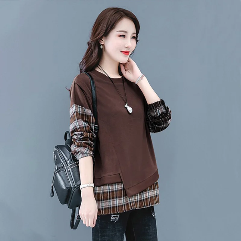 Fake Two-piece Pullover Sweatshirt Women in Spring and Autumn New Korean Style Plaid Casual Loose Base Shirt Women