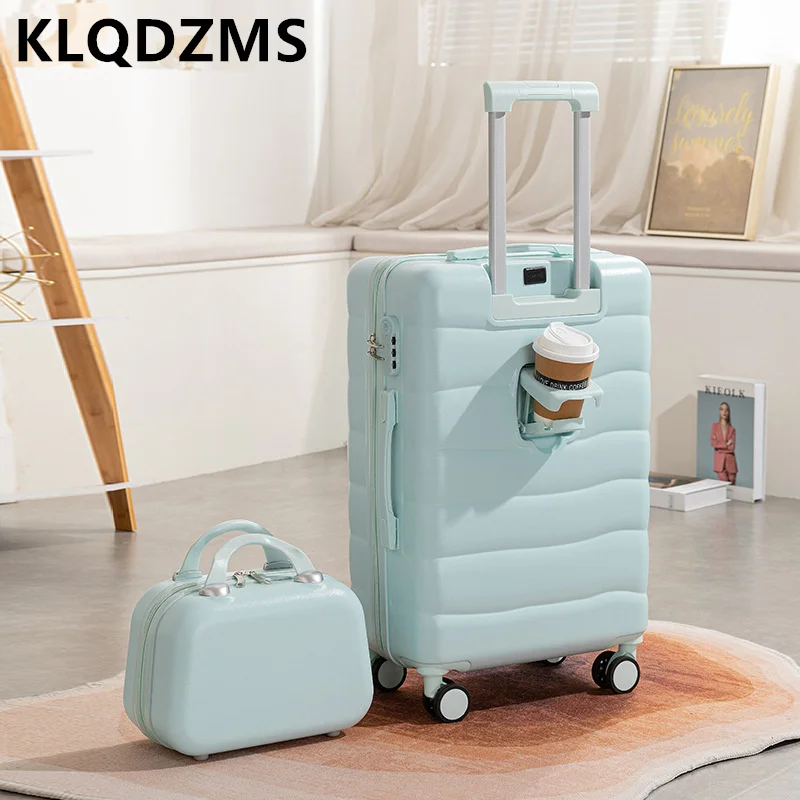 KLQDZMS Rolling Luggage 22"24"26 Travel Trolley Set 18"20 Inch Boarding Case USB Charging with Cup Holder with Wheeled Suitcase