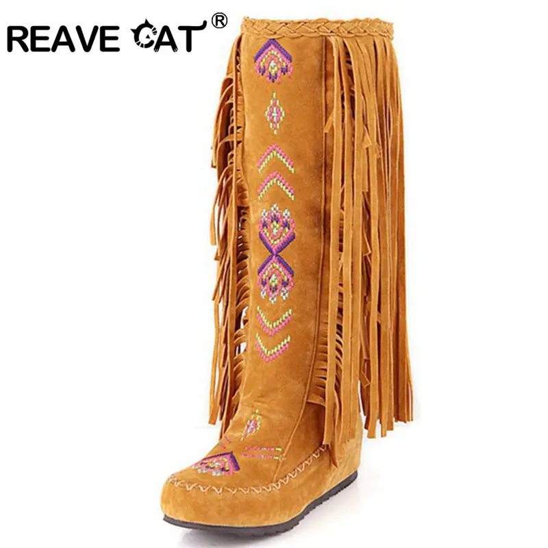 REAVE CAT Fashion Nation Flock Leather Women Fringe Flat Heels Long Boots Spring Autumn Tassel Knee High Boots