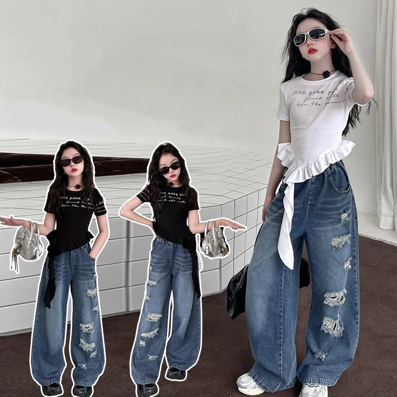 Cowgirl Ripped Jeans With Hole Kids Girls Casual Style Destroyed Denim Pants Spring Autumn Child High Street Trousers Clothes