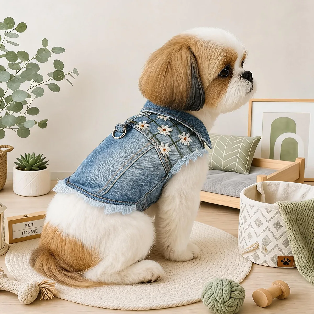 Pet Clothes Denim Dog Costume Lapel Design Daisy Cowboy Vest Jeans Jacket Puppy Clothing Chihuahua Yorkies with Traction Buckle