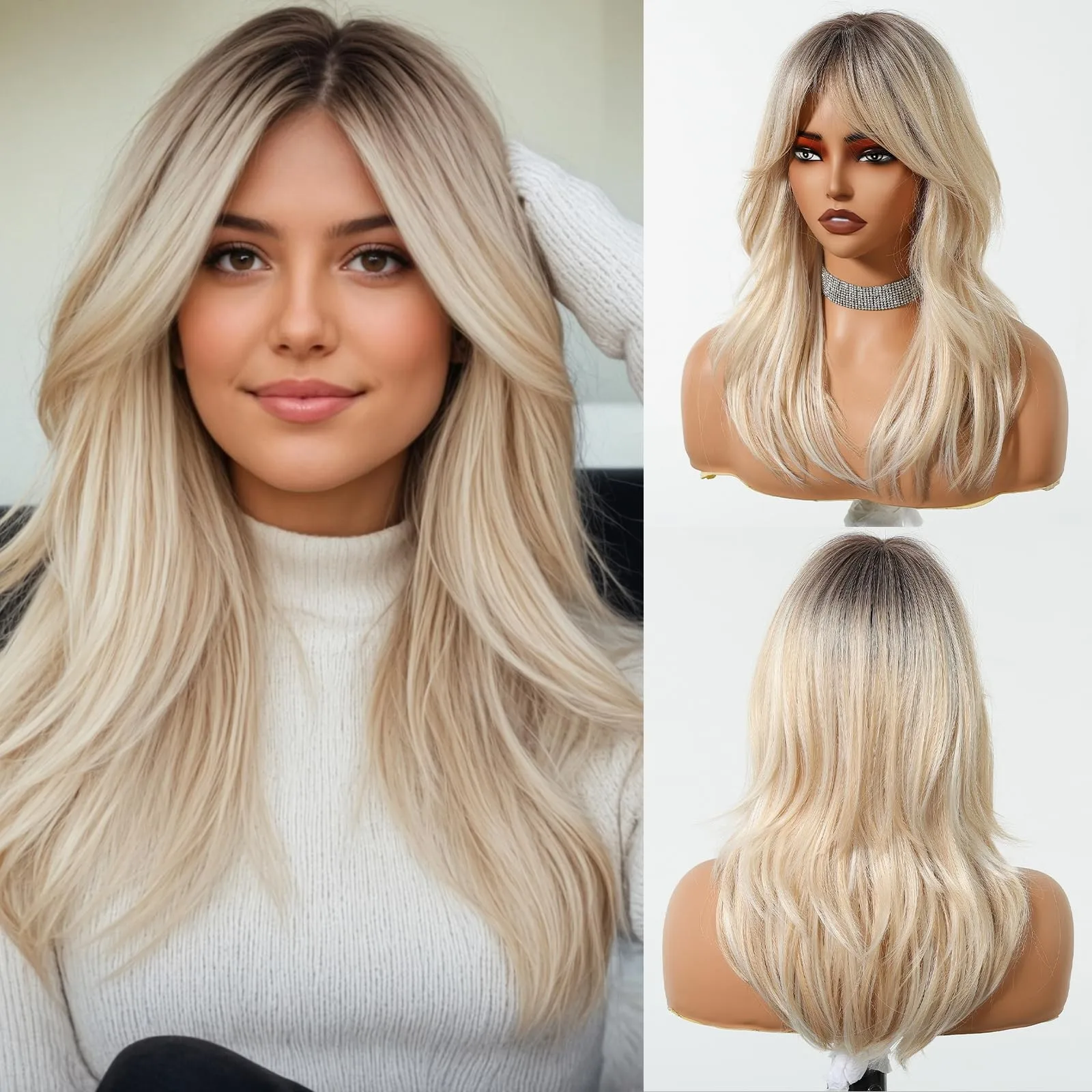 

Long Blonde Wig with Dark Roots, Layered Wavy Synthetic Hair, Side Bangs 21 I...