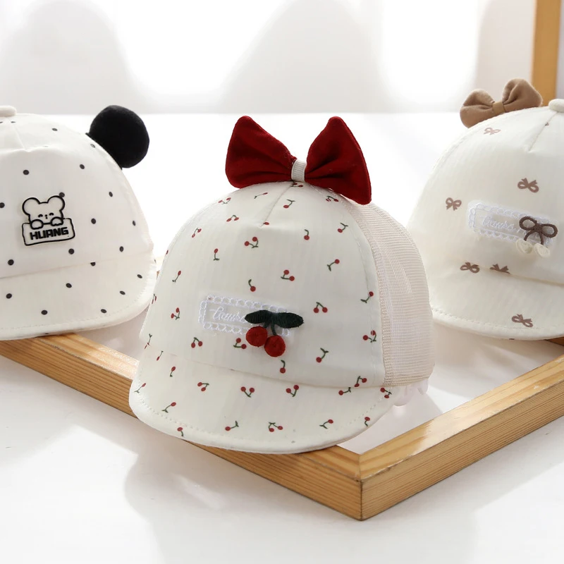 

Red Bow Girls Mesh Duck Tongue Hat 0-6Month Baby Sun Hats Summer Children Sunscreen Visors Cute Cartoon Infants Net Peaked Cap