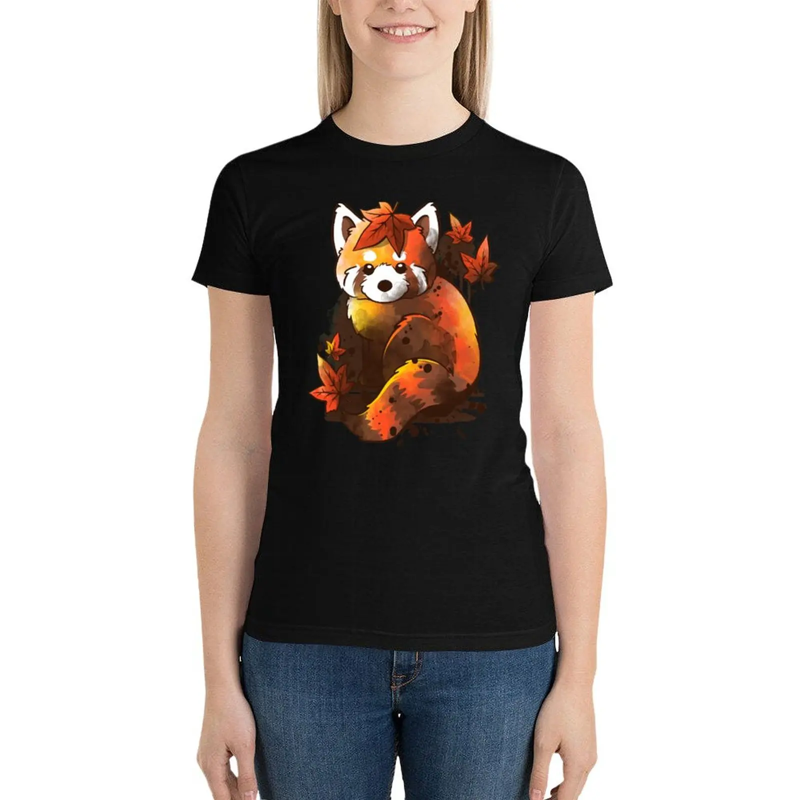 red panda red leaves T-Shirt Aesthetic clothing summer top anime clothes spring clothes Women 2024