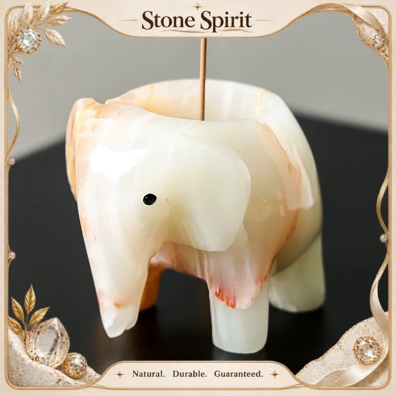 White Onyx Natural Marble Elephant Shape Incense Burner Vintage Ash Catcher Good Luck Elephant Incense Holder for Sticks