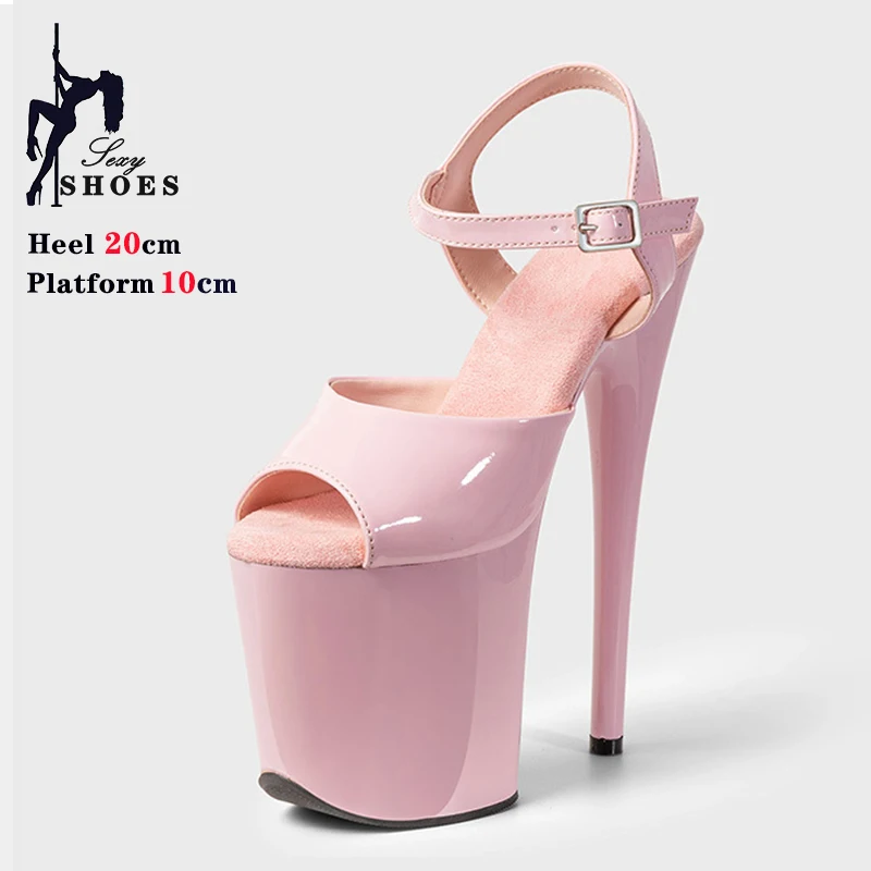 Pink 20cm 8inches Pole Dance Shoes Platform Patent PU Upper Women Sandals High Heels Ankle Buckle T-show Model Shoes Large Size