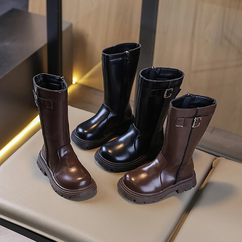 

2025 New Children Knee Length Boots Autumn Buckle Girls Princess Boots Kids Zipper Comfortable Non Slip Solid Color Long Boots