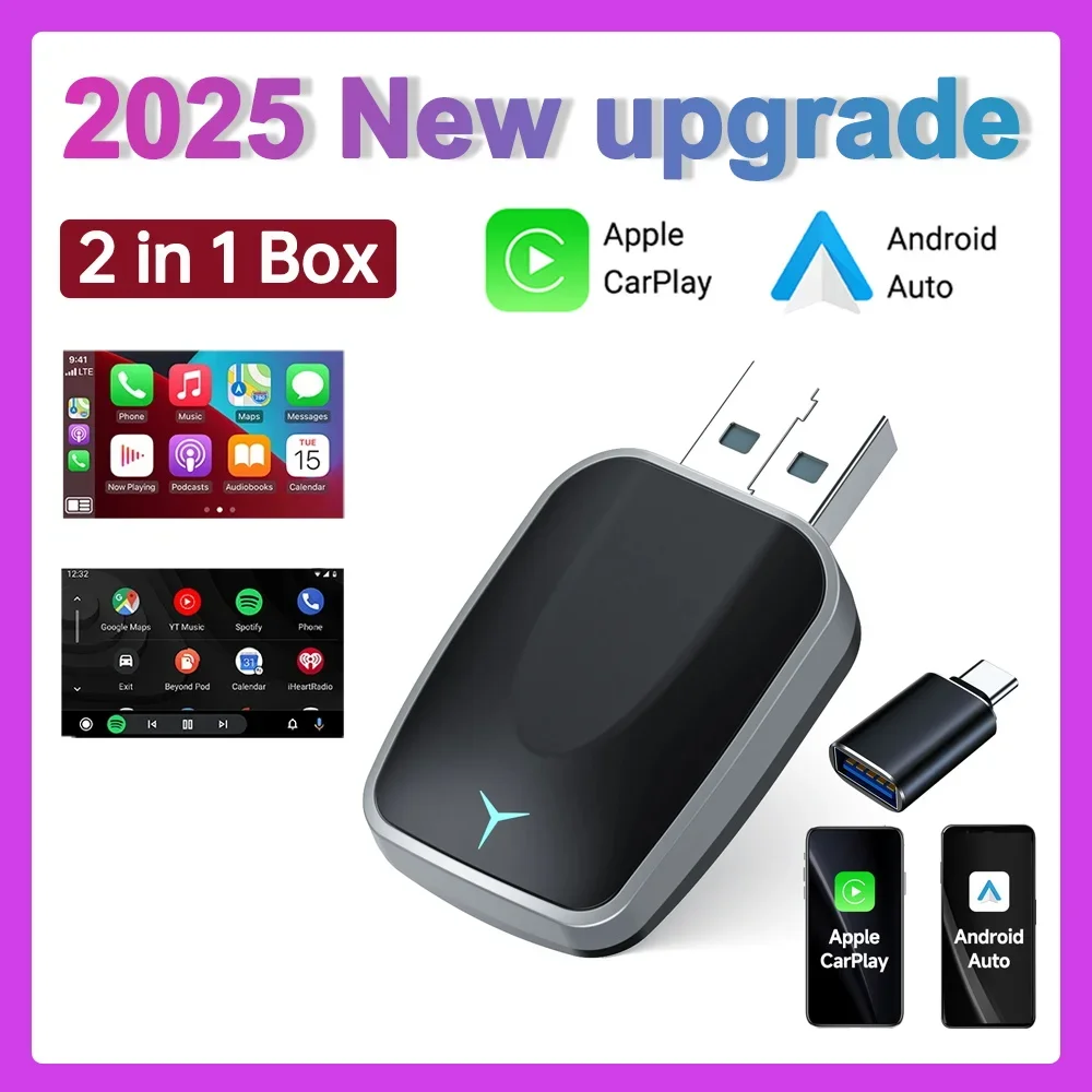 Мини-адаптер Wireless CarPlay и Android Auto — ключ Plug & Play, преобразование подключения к беспроводе, USB-A/C, совместимый с автомобилем 2016+